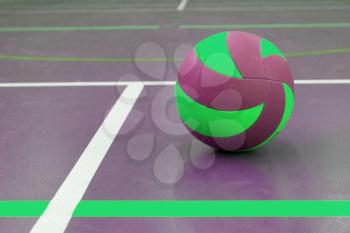 Green and purple ball on court at break time, school gym