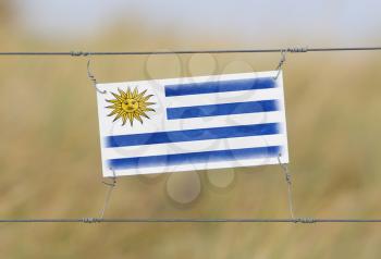 Border fence - Old plastic sign with a flag - Uruguay