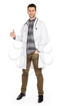 Happy male doctor showing thumb up isolated on a white background