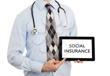 Doctor, isolated on white backgroun,  holding digital tablet - Social insurance