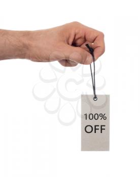 Tag tied with string, price tag - 100 percent off (isolated on white)