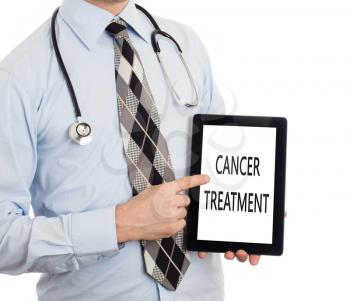 Doctor, isolated on white backgroun,  holding digital tablet - Cancer treatment