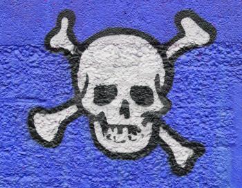 Simple black an white skull on a blue wall