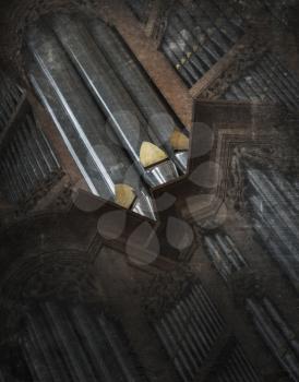 Creepy image of an old pipe organ in a church - Vintage, selective focus
