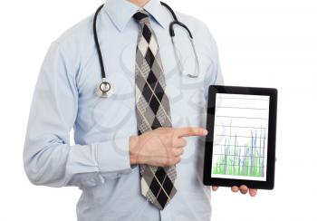 Doctor, isolated on white backgroun,  holding digital tablet - Graph