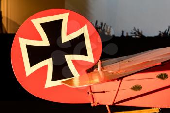 Close-up of an old german triplane, iron cross painting
