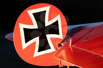 Close-up of an old german triplane, iron cross painting