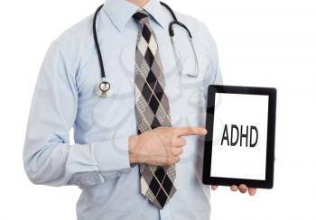 Doctor, isolated on white backgroun,  holding digital tablet - ADHD