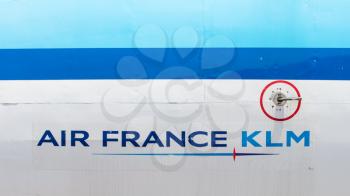 LELYSTAD, THE NETHERLANDS - JUNE 9 2016 - Close-up of Air France KLM logo on airplane.