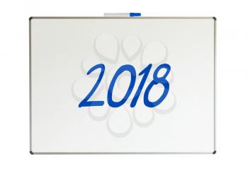 2018, message on whiteboard, isolated on a white background