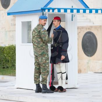 Athens, Greece - October 24, 2017: Evzones in front of the Tomb of the Unknown Soldier