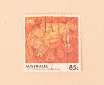 AUSTRALIA - CIRCA 1970: A stamp printed in Australia shows the first australian rock paintings, circa 1970