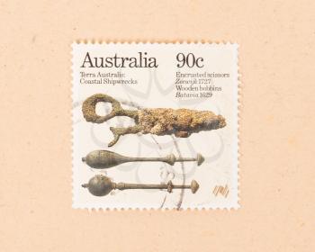 AUSTRALIA - CIRCA 1980: A stamp printed in Australia shows things that are found on a shipwreck, circa 1980