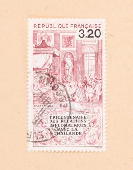 FRANCE - CIRCA 1980: A stamp printed in France shows the relation between Thailand and France, circa 1980