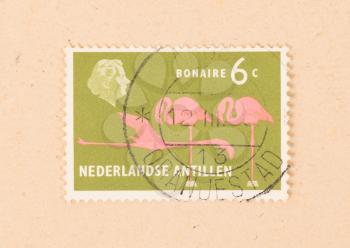 BONAIRE - CIRCA 1966: A stamp printed in Bonaire shows a flamingo, circa 1966
