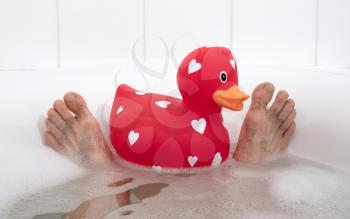 Men's feet in a bathtub, with large rubber duck, selective focus