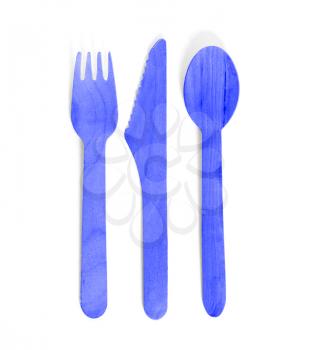 Eco friendly wooden cutlery - Plastic free concept - Isolated - Blue