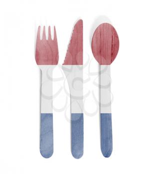 Eco friendly wooden cutlery - Plastic free concept - Isolated - Flag of the Netherlands