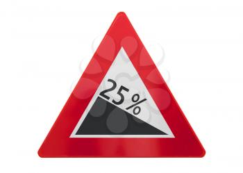 Traffic sign isolated - Grade, slope 25% - On white