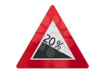 Traffic sign isolated - Grade, slope 20% - On white
