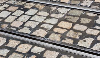 Tram rails in the city of Freiburg, Germany