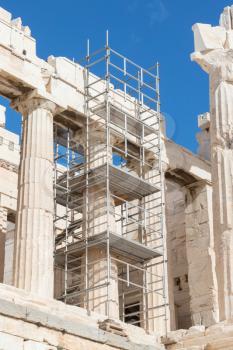 Ancient Parthenon surrounded by scaffolding on the Athenian Acropolis, Greece