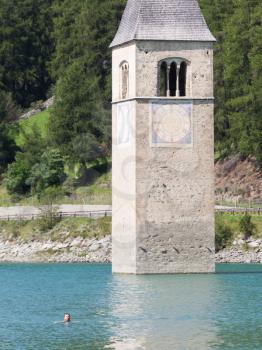 Submerged tower of reschensee church, man swimming next to it -  South Tyr or Alto Adige in Bolzano or bozen at Italy