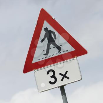 Pedestrians warning sign, red triangle sign with pedestrian symbol