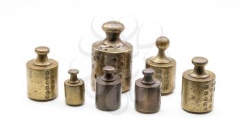 Old brass antique weights, Holland, isolated on white
