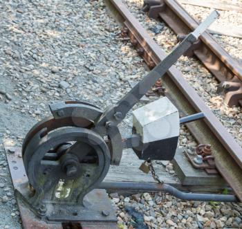 Old hand-operated lever of a railroad switch in the Netherlands