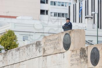 Athens, Greece - October 24, 2017: Police in front of the Tomb of the Unknown Soldier