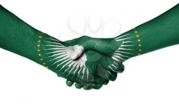 Man and woman shaking hands, wrapped in flag pattern, African Union