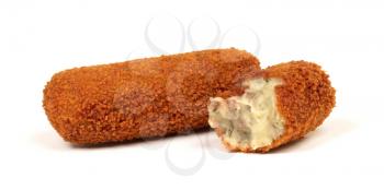 Partly eaten brown crusty dutch kroket isolated on a white background