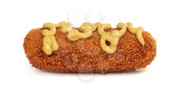 Brown crusty dutch kroket with mustard topping isolated on a white background