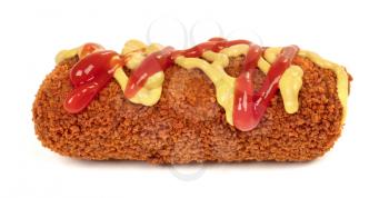 Brown crusty dutch kroket with mustard and ketchup topping isolated on a white background