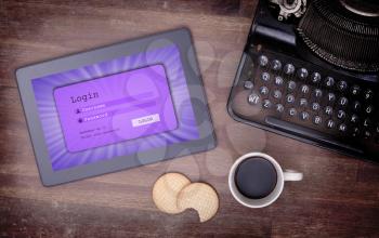 Login interface on tablet - username and password, purple