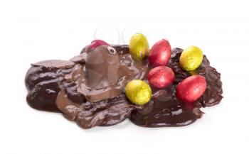 Melting chocolate easter chicken - Isolated on white background