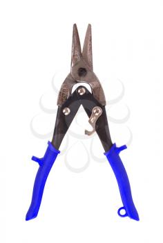 Heavy duty scissors isolated on white background, blue