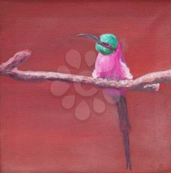 Painting of carmine bee eater, square image, red