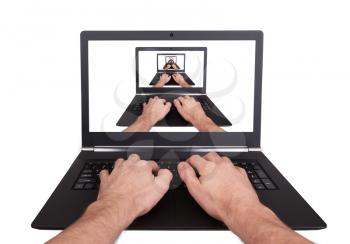 Man working on laptop, visual magic, isolated