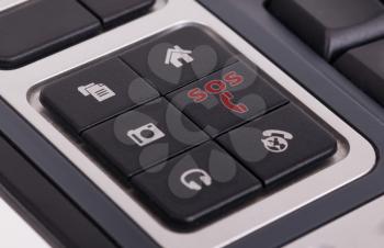 Buttons on a keyboard, selective focus on the middle right button - SOS
