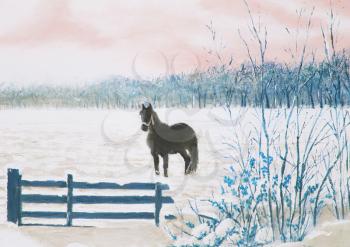 Frisian horse in a snowy meadow, painting oil, blue
