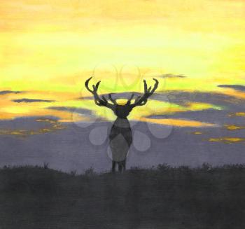 Painting of a silhouette of a large deer during sunset