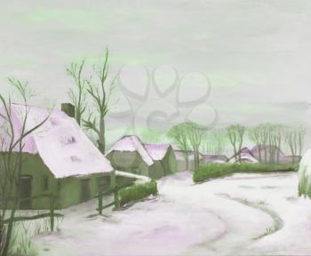Idyllic winter landscape painting, old farms in a village, green