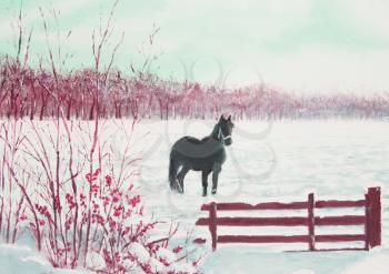 Frisian horse in a snowy meadow, painting oil, red
