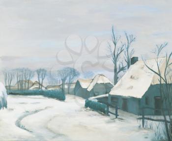 Idyllic winter landscape painting, old farms in a village, blue