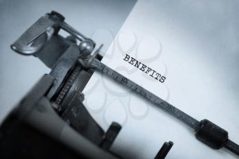 Vintage inscription made by old typewriter, benefits