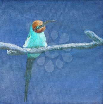 Painting of carmine bee eater, square image, blue