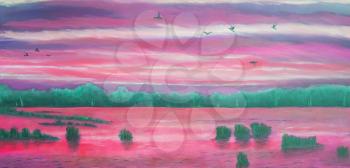 Sunset at the lake, birds in the sky, pink