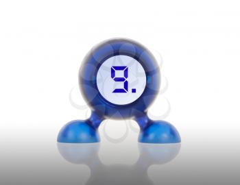 Small blue plastic object with a digital display, displaying 9